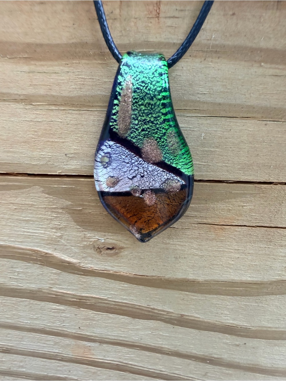 Handmade Dichroic Glass Pendant in Green, Bronze & White
